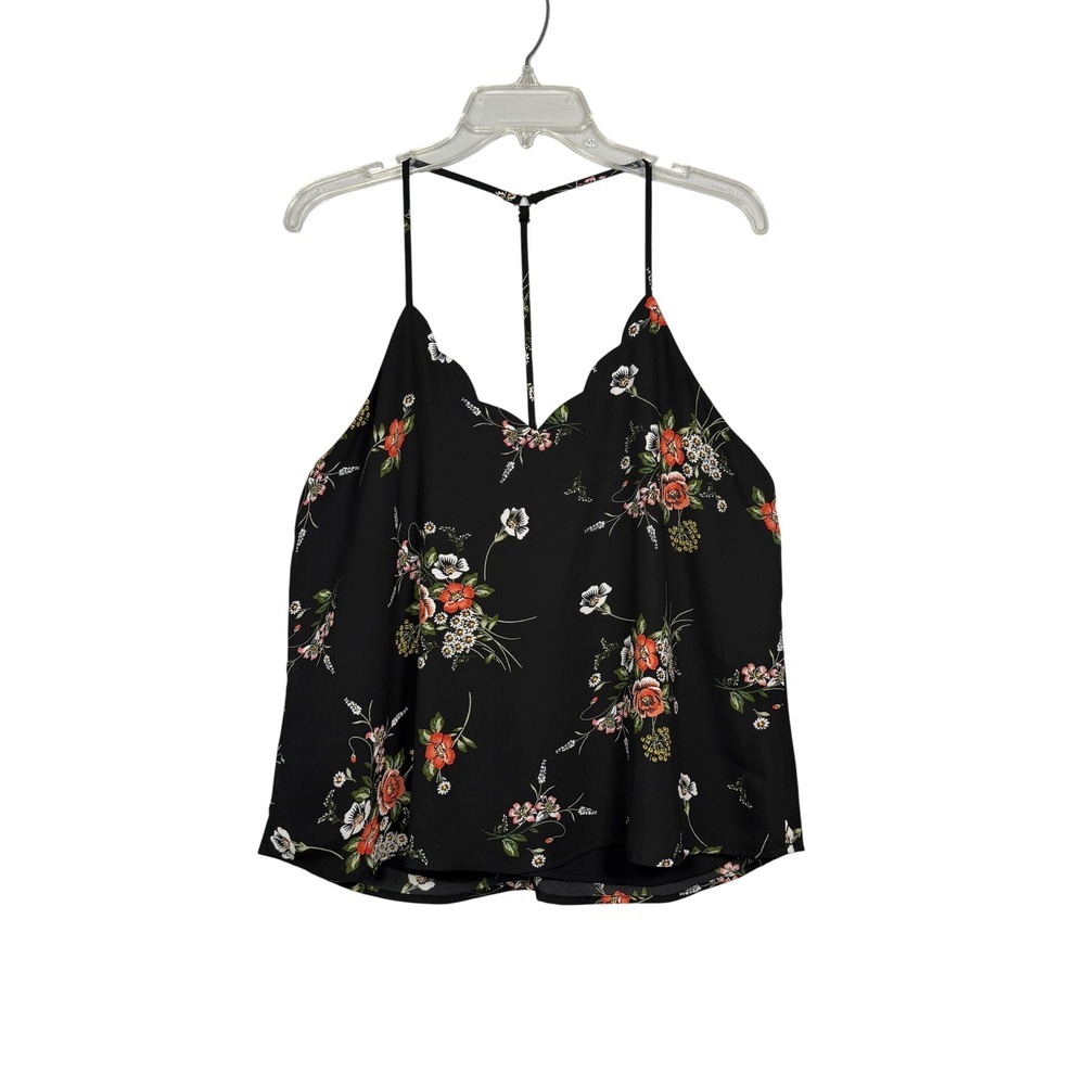 Nine Britton Black Floral Scalloped V-Neck T-Strap Camisole Tank Top Large